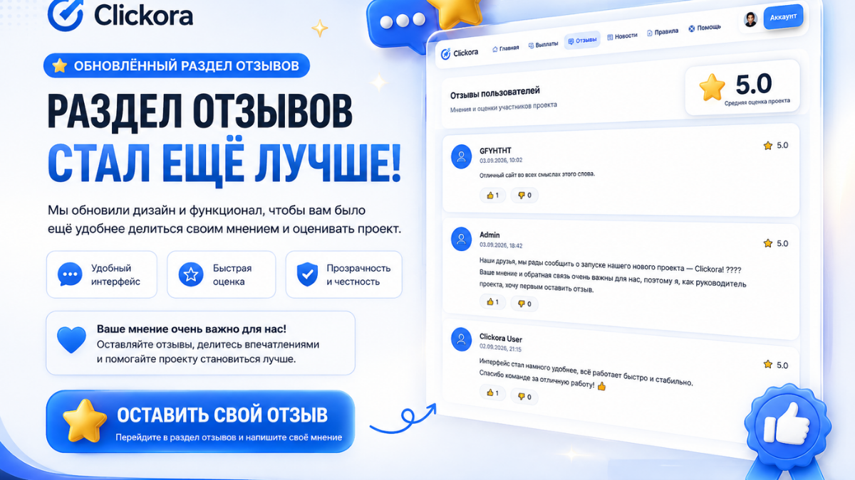 ⭐ Уже оценили Clickora? 📝 Оставьте свой отзыв!